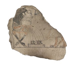 Kalkstenen ostracon met humoristische schetsen in rode en zwarte inkt